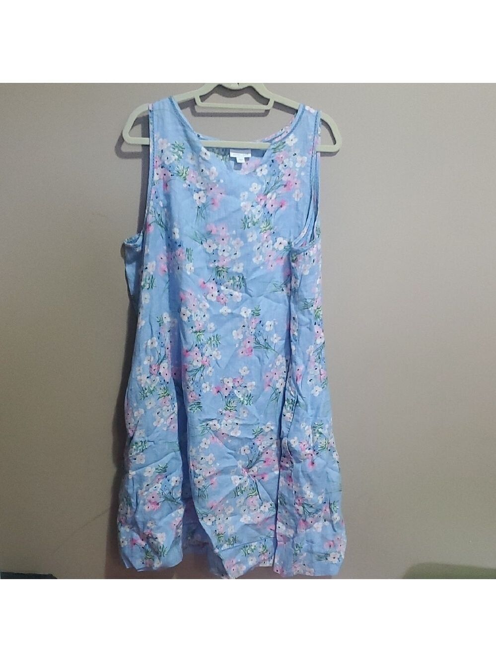 J Jill Love Linen Floral Blue Sleeveless Shift Dress Size XL